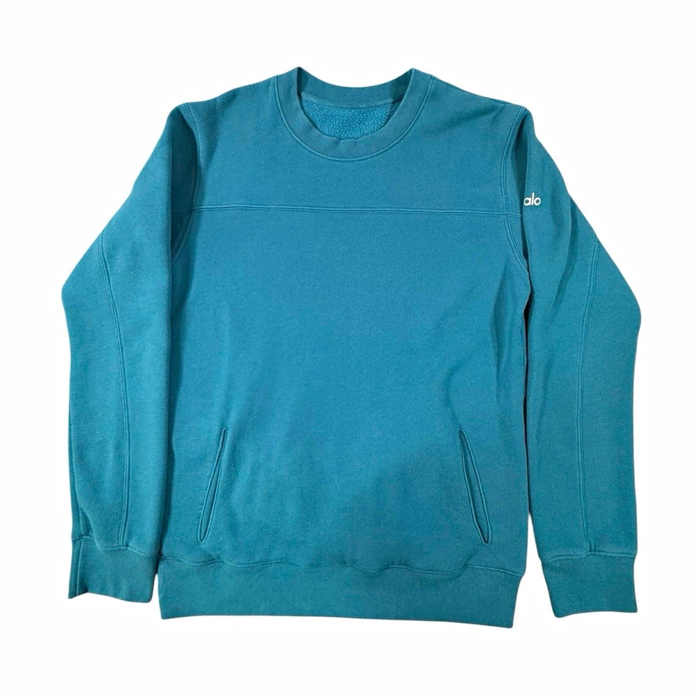 Alo Yoga Freestyle Crewneck Sweatshirt Teal Blue Fleece Pullover Pocket L